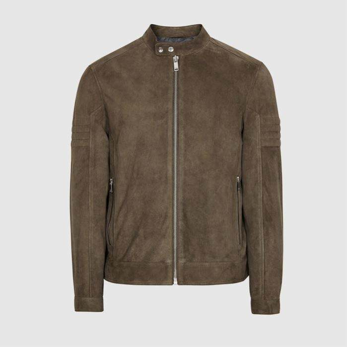 Custom Logo Design Street Style Jacket Stand Collar Soft Army Green 100% Suede Mens Jackets