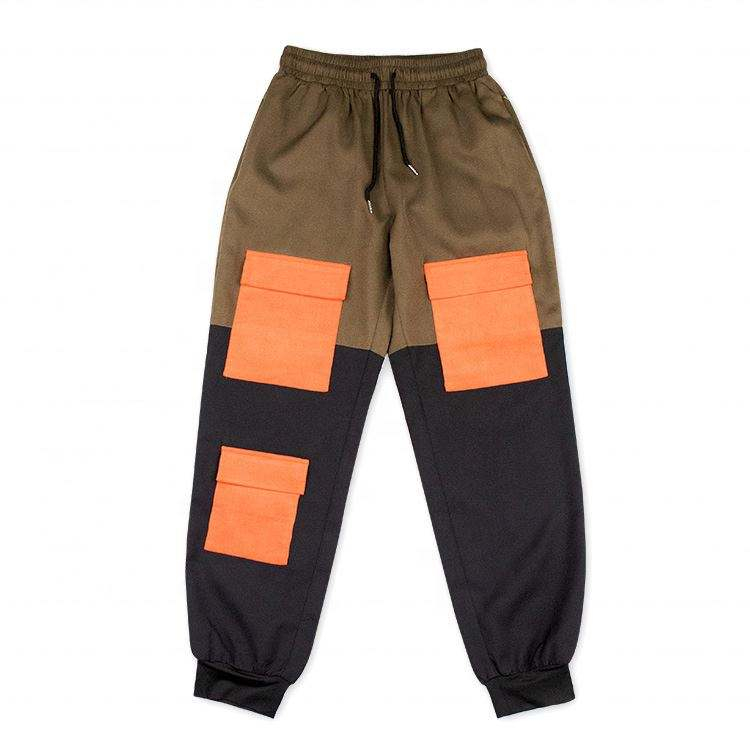 OEM Manufacturer Drawstring Color Block Custom Men Cargo Sweatpants With Corduroy Pocket
