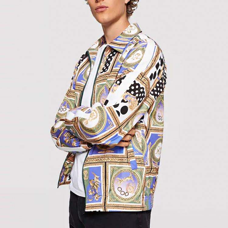 Men's Fashion New Design Zip Up Patchwork Jacket 100%Polyester Allover Print Coat For Men