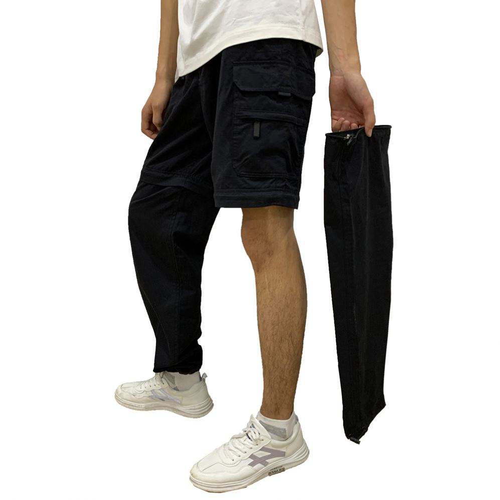 Unisex Style Cargo Pants Black Slim Fit Mens Pants Buckle Fasten Elastic Waist Cargo Pants With Removeable Leg