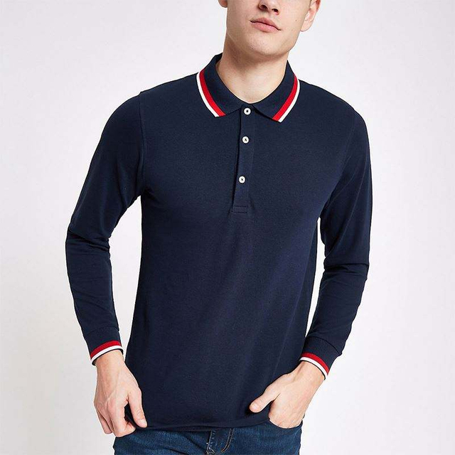 Mens Shirts Navy Tipped Long Sleeve Polo Shirt