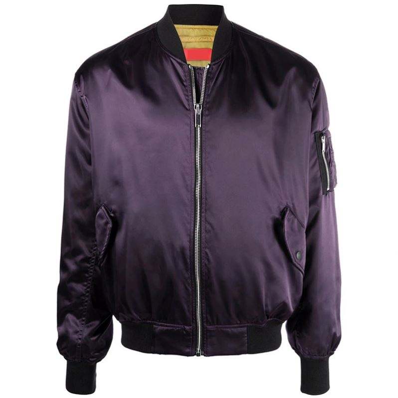 OEM Manufacturer Custom Men High Quality Fashion Windbreaker Long Sleeve Stand Collar Zipper Purple Satin Nylon Bomber Jacket