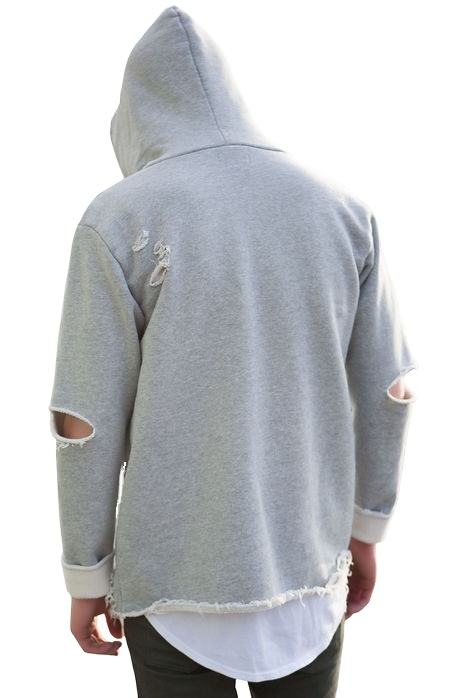 Bán buôn phong cách mới Destroy Fray Cut Hem Áo hoodie nam màu xám Heather