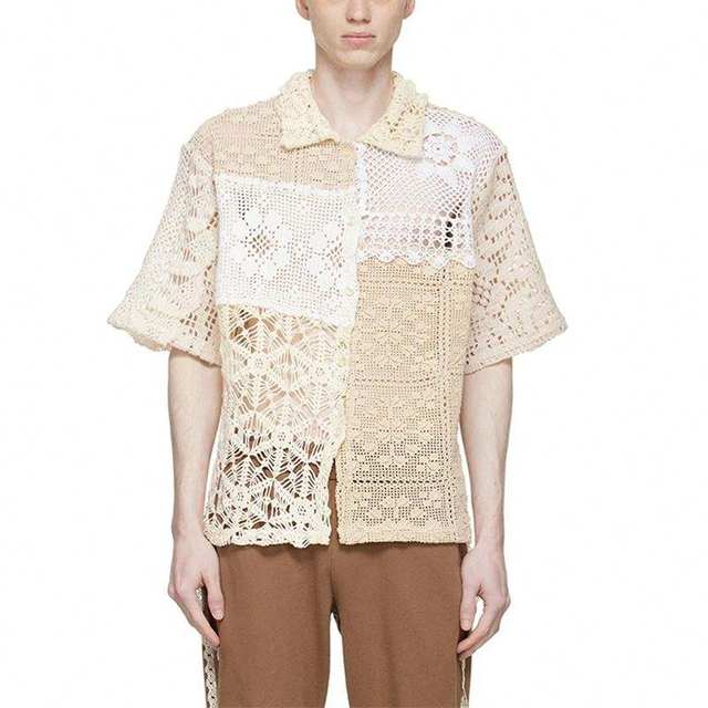 Fabricant OEM Blouse d'été personnalisée mode beige beige à manches courtes à manches courtes à manches courtes à manches courtes coton au crochet pour hommes