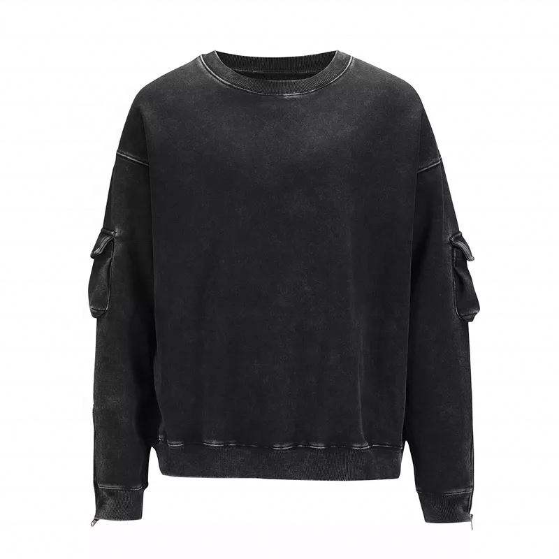 ຜູ້ຜະລິດ OEM Custom Pocket Sleeve High Quality Heavyweight 100% Cotton Crewneck Wash Vintage Sweatshirt Men's Clothing