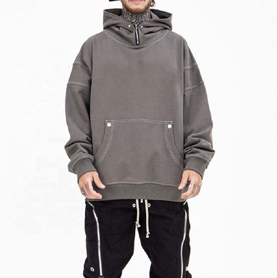 OEM Manufacturer Custom Vintage Wash Cotton Zip Hood Oversized Plain Hoodie With Contrast Stitching For Men