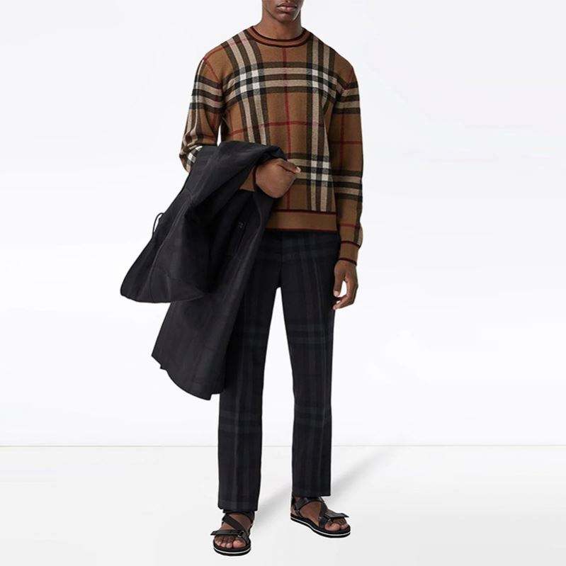 OEM Manufacturer Custom Fashion Sweatshirt High Quality Long Sleeve Crew Neck Brown Plaid Sweater For Men