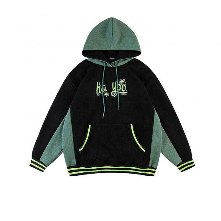 OEM Manufacturer High Quality Customized 3D Embroidery Logo Fashion Patchwork Pullover Two Color Tone Men's Hoodies