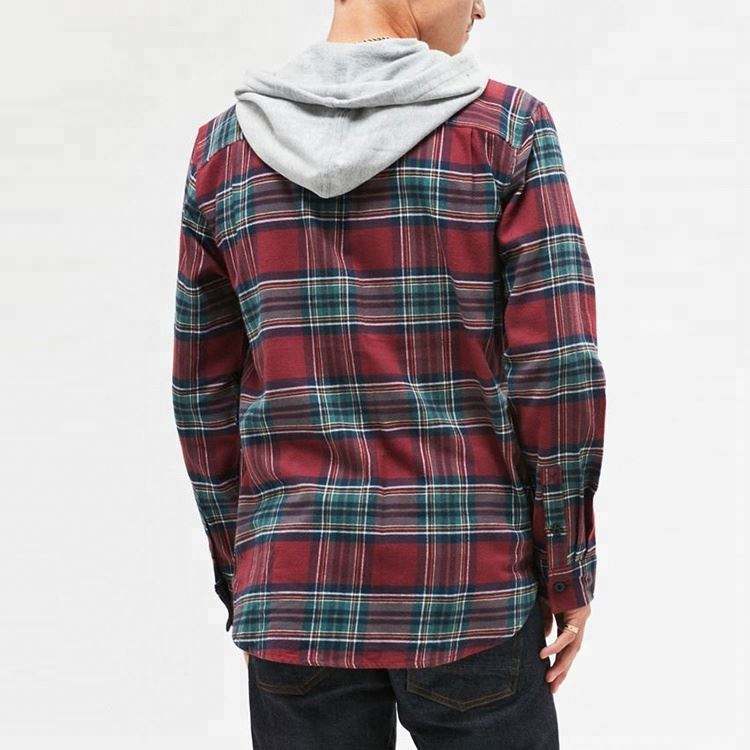 OEM Manufacturer Red Plaid Flannel Hooded Shirt Men