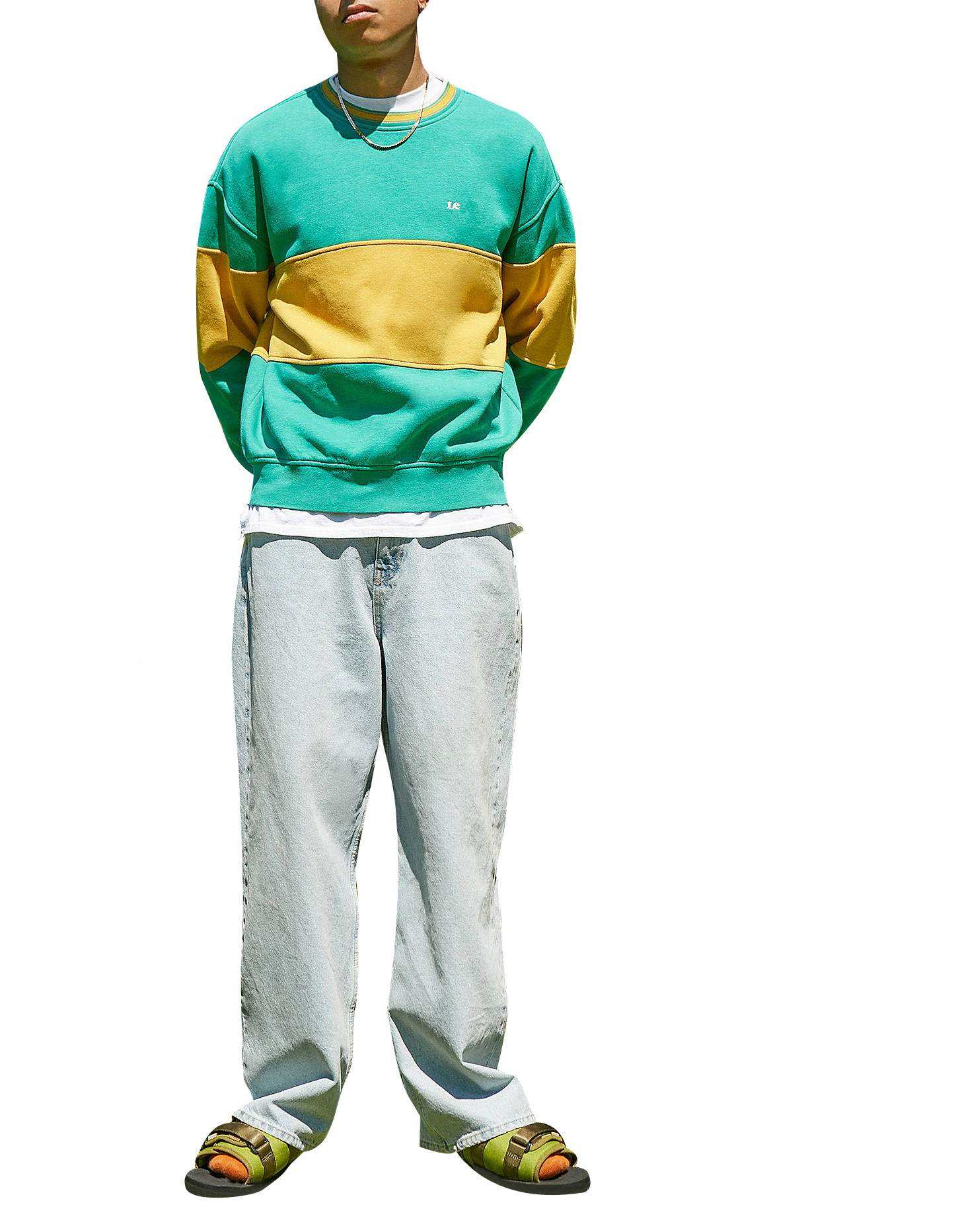 OEM Manufacturer Oversized Heavy Weight Cotton Fleece Crew Neck Pullover Green And Yellow Colorblock Sweatshirts
