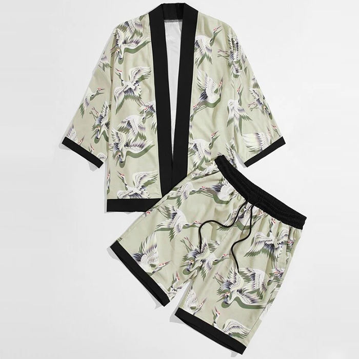 Vasaras modes šortu komplekts Vīriešu celtņa apdruka, kontrasta iesiešanas kimono šortu komplekts Vīriešu divdaļīgo šortu komplekts