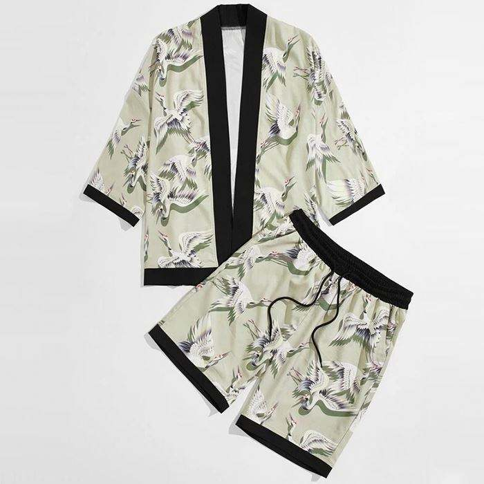 Summer Fashion Shorts Set Mens Crane Print Contrast Binding Kimono Shorts Set Men Two Piece Shorts Set