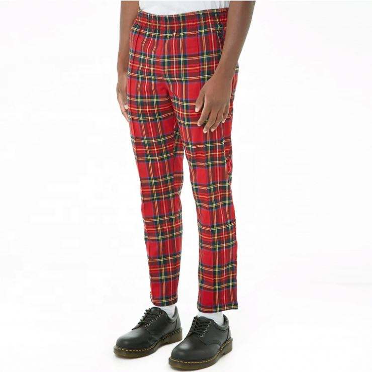 Fashion Spring Mens Slim Fit Red Plaid Pants With Slanted Zip Pockets