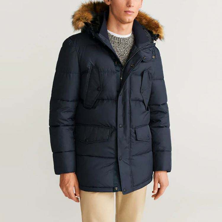 Warm Wear Jacket Winter Men Long Sleeves Faux Fur Hood Front Zipper Patch Pockets Jacket Winter Men