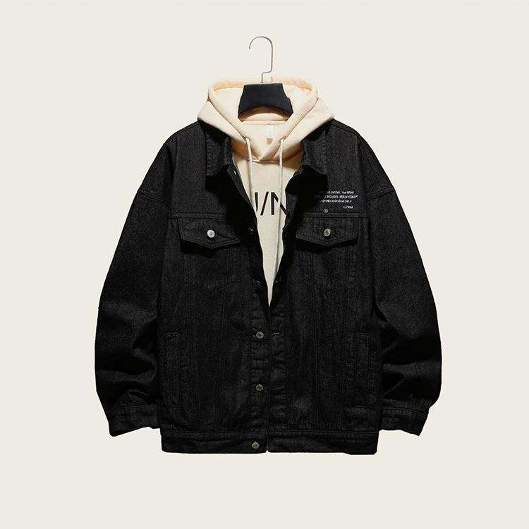 Moški novi modni slog visokokakovostni osnovni ovratnik Botton up črni denim embroidery vzorci jakna