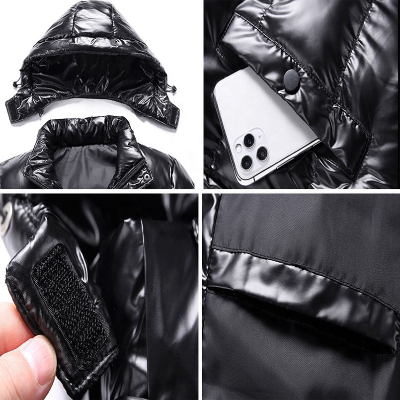 Oem Výrobce Zimní Outdoor Polstrovaný Kabát Černá Lesklá Custom Men Silná prošívaná Bubble Puffer Bunda