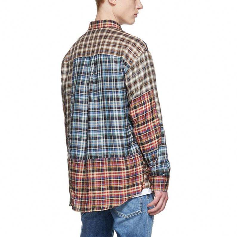 OEM Manufacturer High Quality Long Sleeve Square Collar Patch Pocket Multicolor Patchwork Linen Plaid Shirt