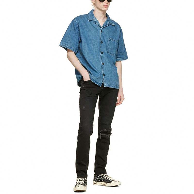 OEM Manufacturer Summer Blouse High Quality Short Sleeve Button Square Collar Classic Blue Men Denim Shirt