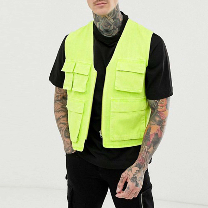 Hot Selling New Fashion Men's Vests Sleeveless Jacket Solid Color Zip Fastening Multi Pockets Mens Utility Vest