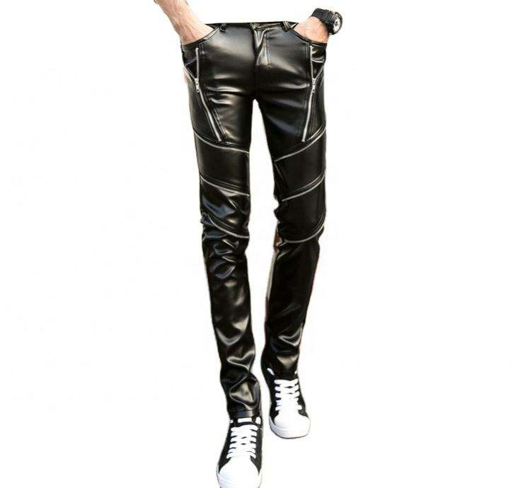 OEM Manufacturer Customized Faux Leather Zipper Custom Pants Skinny Patchwork Men's Pants