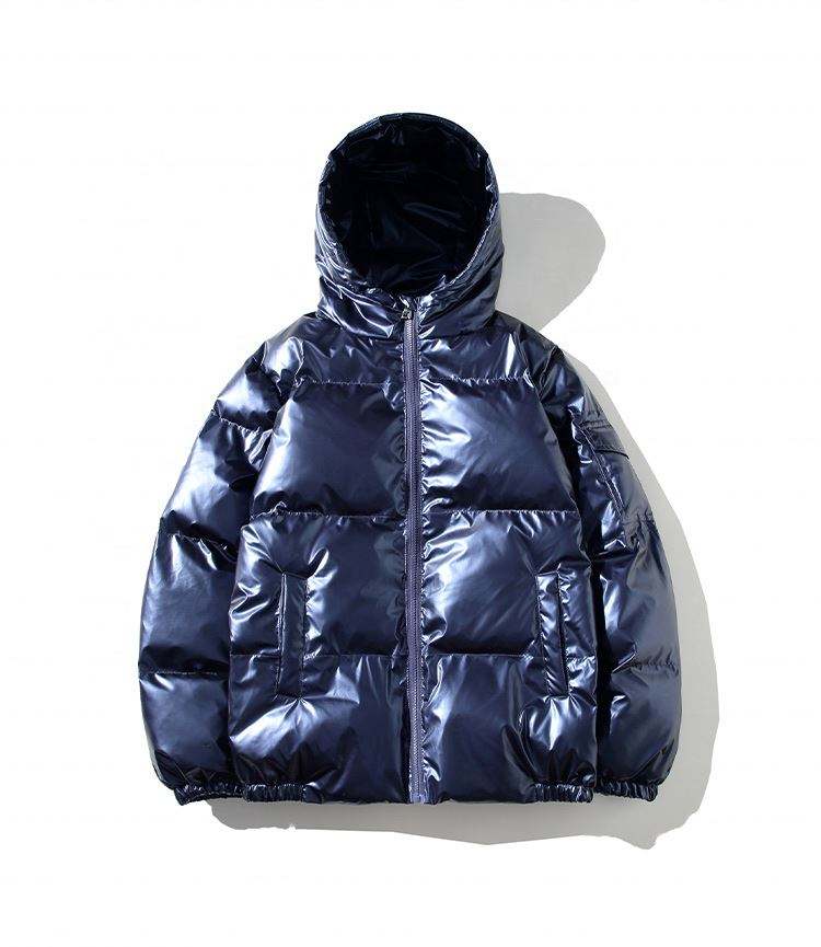 OEM Manufacturer Customization Winter Black Bomber Shiny Puffer Men Down Plus Sizes With Hood Jacket