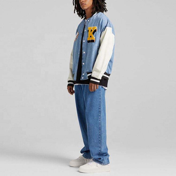 OEM Manufacturer Custom Mens Chenille Embroidery Patches Button Up Denim Baseball Jacket
