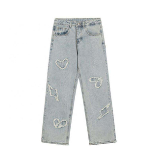 Pantalon en Denim avec Logo personnalis&eacute;, fabricant OEM, vente en gros, Patch lav&eacute;, bord en laine, pantalon d&eacute;contract&eacute; pour hommes, v&ecirc;tements