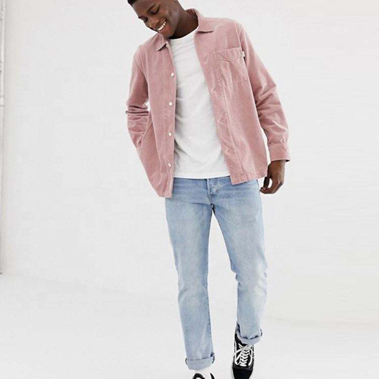 男性用 OEM メーカー シャツ 100% コットン長袖コード オーバーシャ​​ツ ピンク