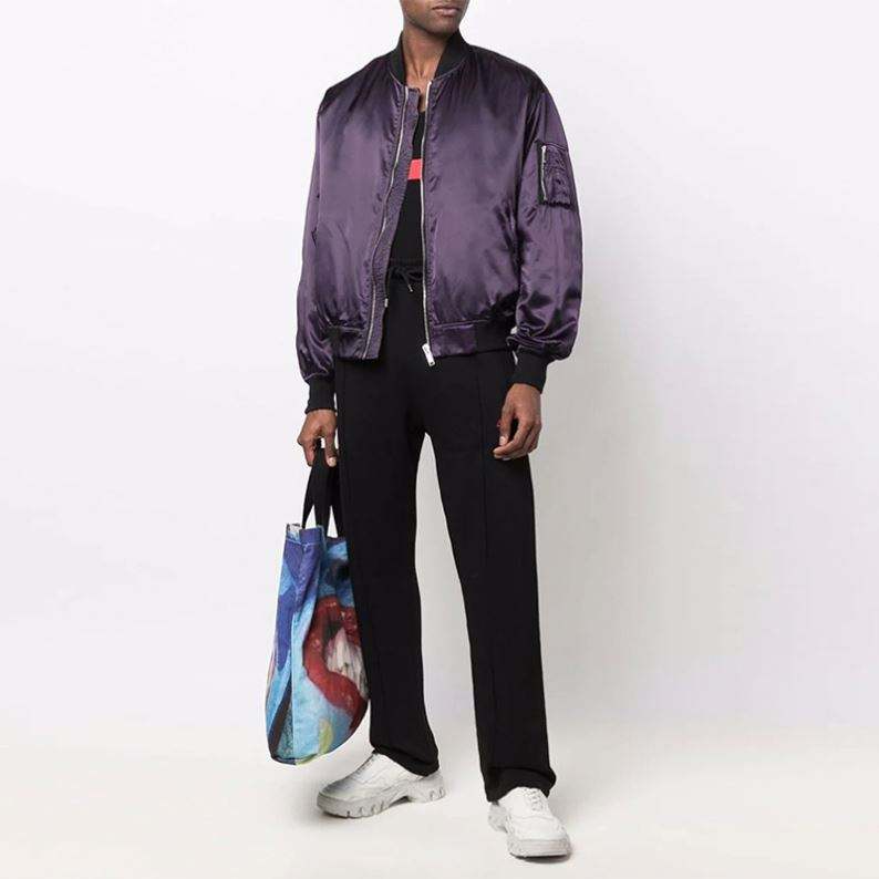 OEM Manufacturer Custom Men High Quality Fashion Windbreaker Long Sleeve Stand Collar Zipper Purple Satin Nylon Bomber Jacket