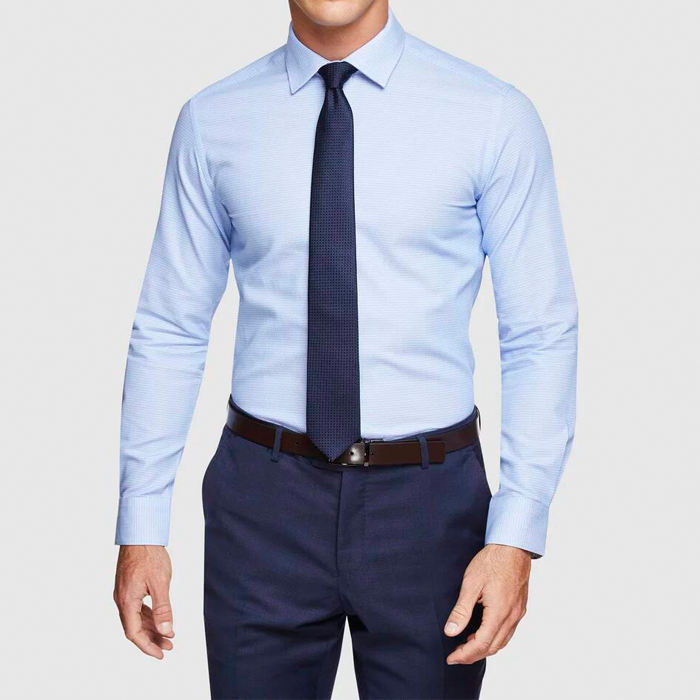 ຜູ້ຜະລິດ OEM ຄຸນະພາບສູງ 100% Cotton Slim Fit Blue Mens Dress Shirt