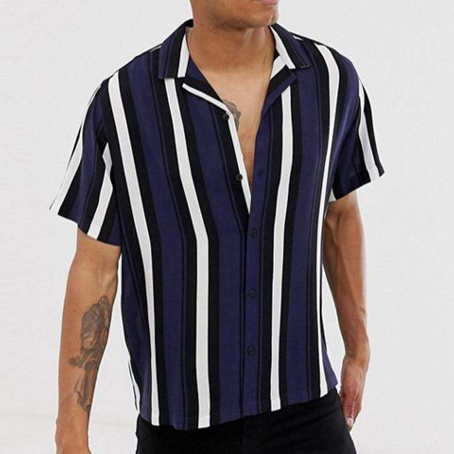 OEM Manufacturer High Quality Navy And White Vertical Stripe Short Sleeve Shirt O-Neck Polo Shirt For Men
