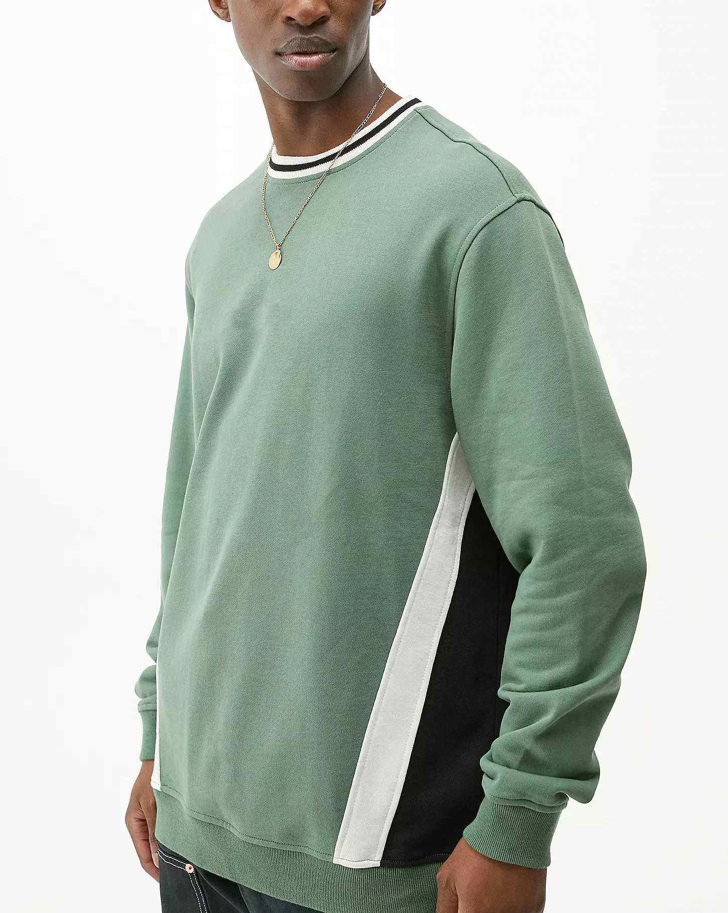 OEM Manufacturer Custom Oversized Men's Striped Ribbing Collar Color Block Crew Neck Fleece Sweatshirt Pullover