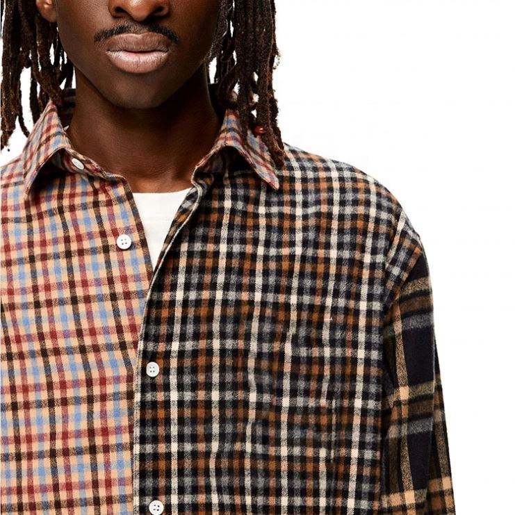 OEM Manufacturer Custom Long Sleeve Men's Two Tone Color Block Plaid Checked Vintage Flannel Shirt