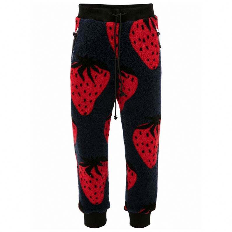 OEM Manufacturer Custom Men Casual Pants Elastic Waist Drawstring Ribbed Cuffs Black Strawberry Print Fleece Sweatpants