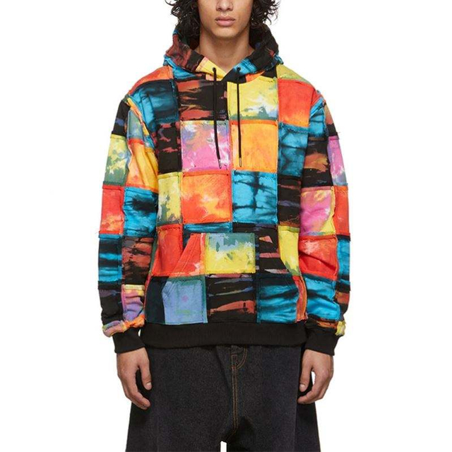 OEM Manufacturer Custom Men's Coats Terry Fabric Drawstring Hooded Patch Design Multicolor Patchwork Long Sleeve Hoodies