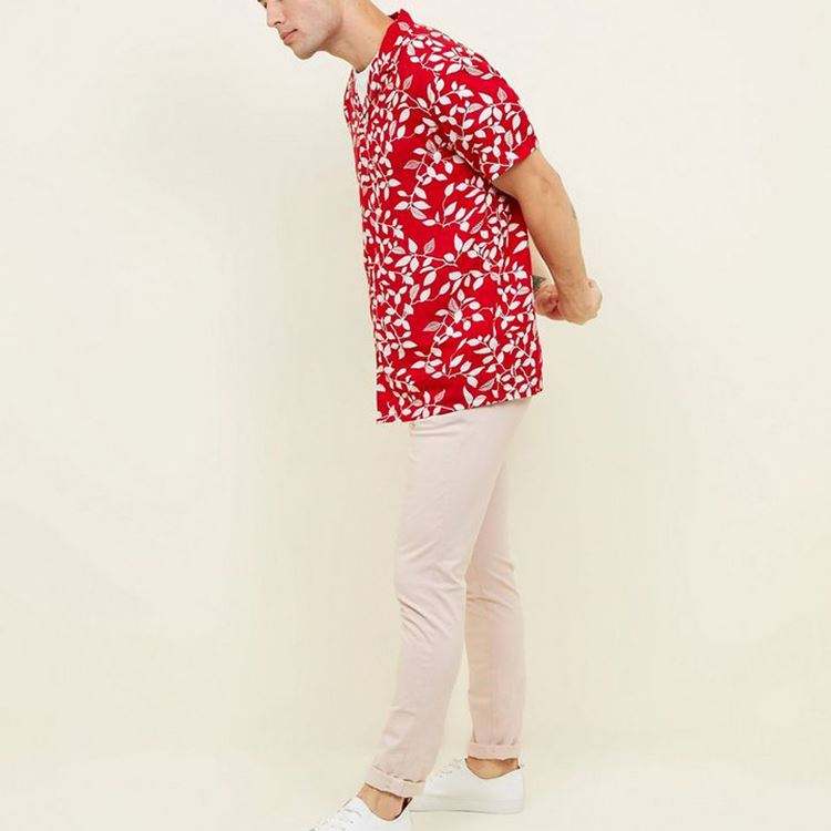 OEM Manufacturer Casual Hawaiian Red Leaf Print Short Sleeve Men Shirt