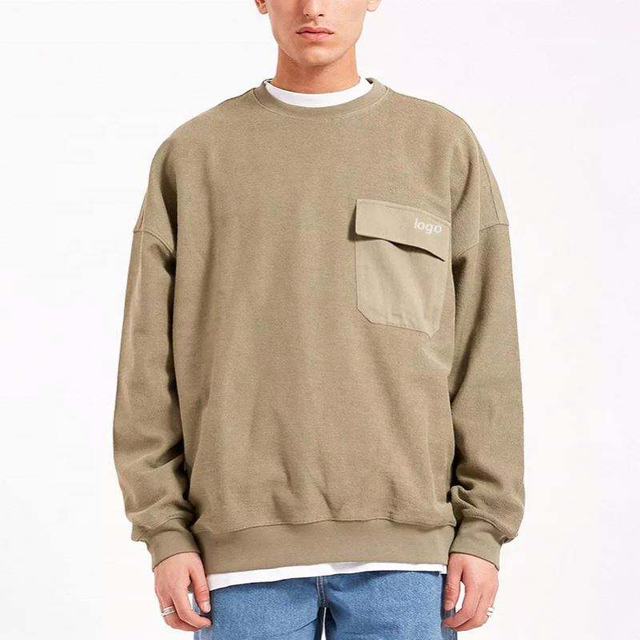 OEM Manufacturer Wholesale 100% Cotton Solid Color Patchwork Pocket Pullover Heavyweight Crewneck Sweatshirt