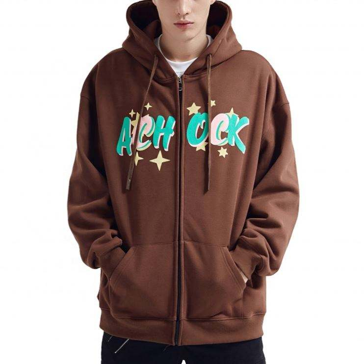 OEM Manufacturer Wholesale High Quality Zip Up Men Fashion Puff Print Hoodies Custom Logo Printed Bulk Hoodies Drawstring