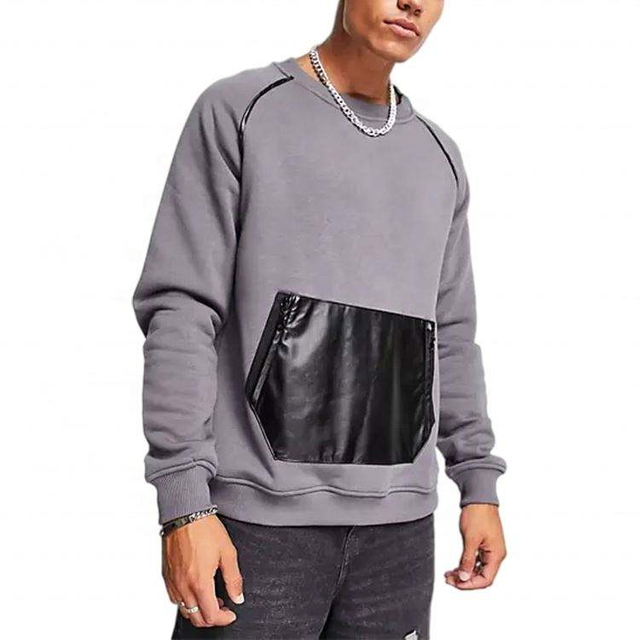 OEM Manufacturer Custom New Fashion Men Contrast Pu Leather Pocket Oversized Fleece Cotton Sweatshirts Pullover