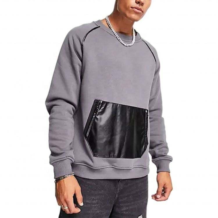 OEM Manufacturer Custom New Fashion Men Contrast Pu Leather Pocket Oversized Fleece Cotton Sweatshirts Pullover