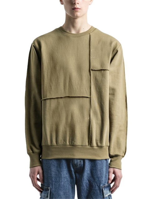 Wholesale Men's Cut & Sew Panel Light Olive Plain Crewneck Sweatshirts