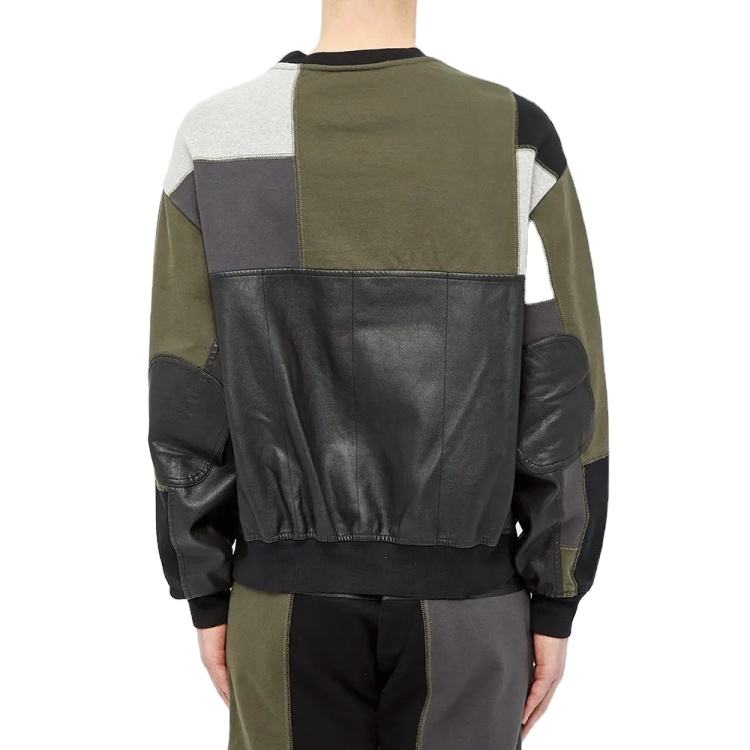 Custom Crewneck Color Block Patchwork Leather Sweatshirt For Men