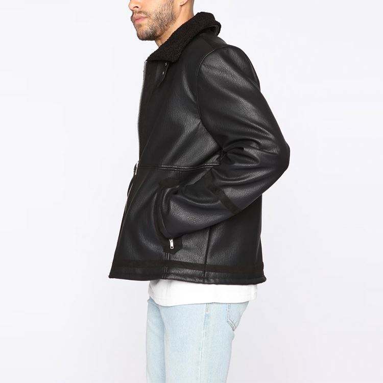 Mens New Fashion Style High Quality Sherpa Collar Zipper Closure Faux Leather Jacket