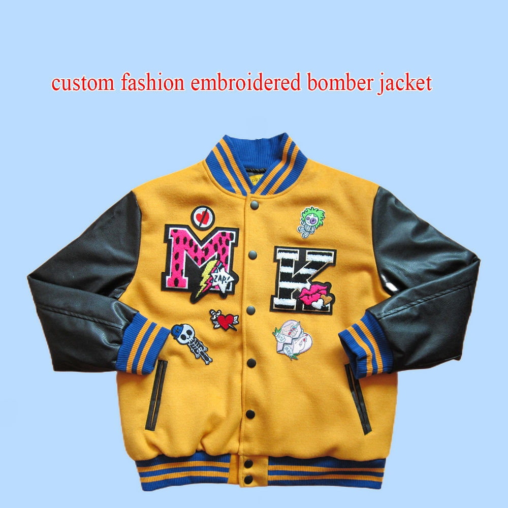 Chaqueta de calle personalizada, chaqueta de béisbol cálida con parches bordados en 3D para hombre, chaqueta Bomber con manga de PU en contraste