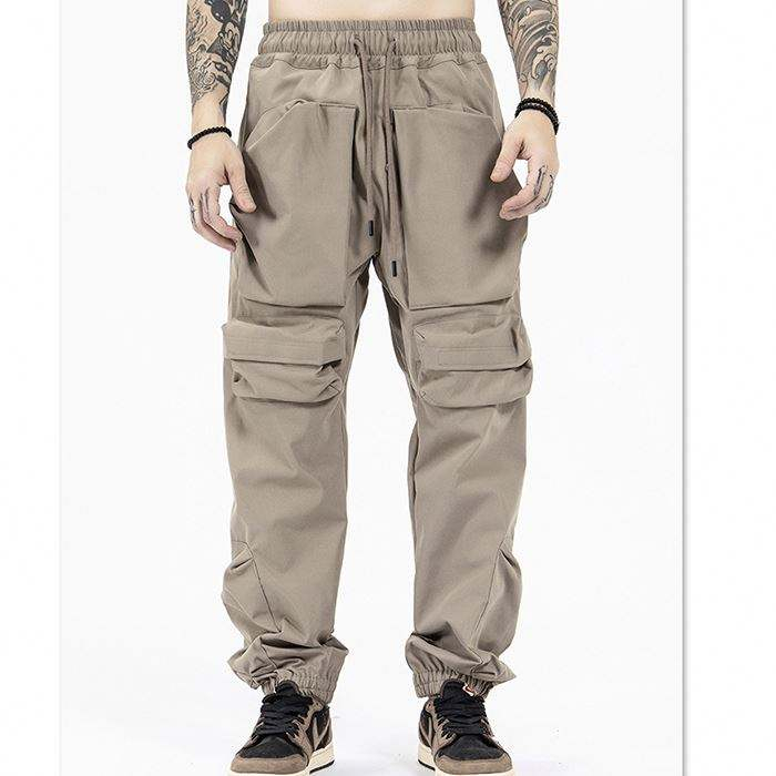 New Trend Cargo Pants Men Solid Color Oversized Jogger Pants Drawstring Waist Utility Pockets Tactical Pants