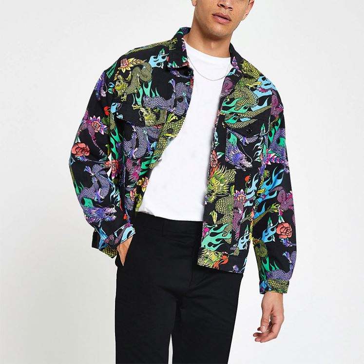 ຂາຍຮ້ອນ Custom Jacket Men Dragon Pattern Printing Pockets Buttons Front Mens Bomber Jacket ຄຸນະພາບສູງ