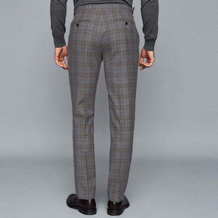 High Quality 100% Wool Mens Gray Plaid Zip Fastening Pants
