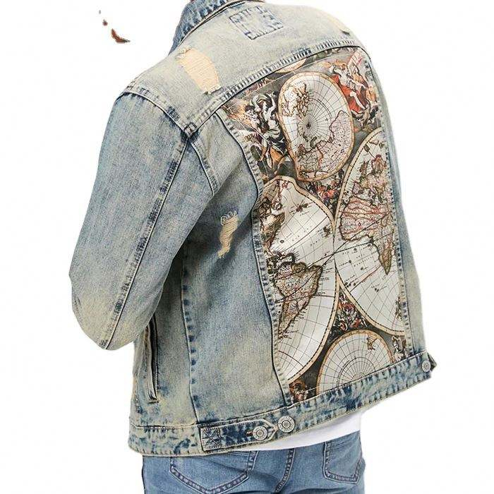 Fashion New Design Mens Jean Jacket Altas Graphic Printed Distressed Denim Jackets For Men 2020