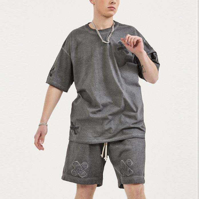 Массовые спортивные костюмы, короткий комплект, винтажная стираная вышитая мужская футболка из 100% хлопка, футболка из двух предметов и короткий комплект