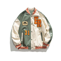 Oem Custom Logo Fall Thick Winderbreaker Men Contrast PU Panel 3D Embroidery Patched Bomber Jacket